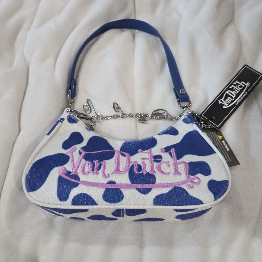 Von Dutch Blue Cow Print Shoulder Bag Chain Charm Y2K Faux Fur NWT Rare